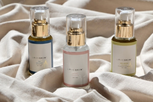 3-step skincare ritual sitting on fabric