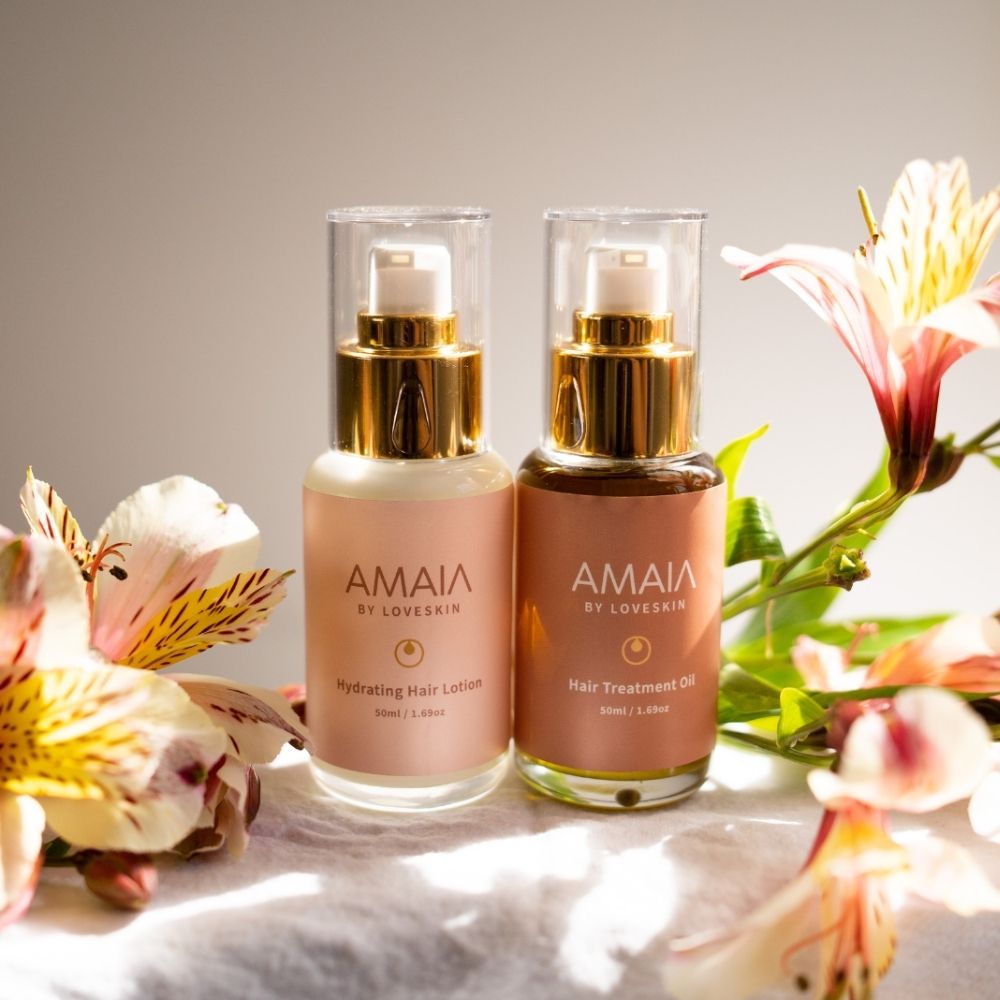 NZ-made Amaia Hair Care Duo – Hydration Hair Lotion and Hair Treatment Oil for shiny, frizz free hair.