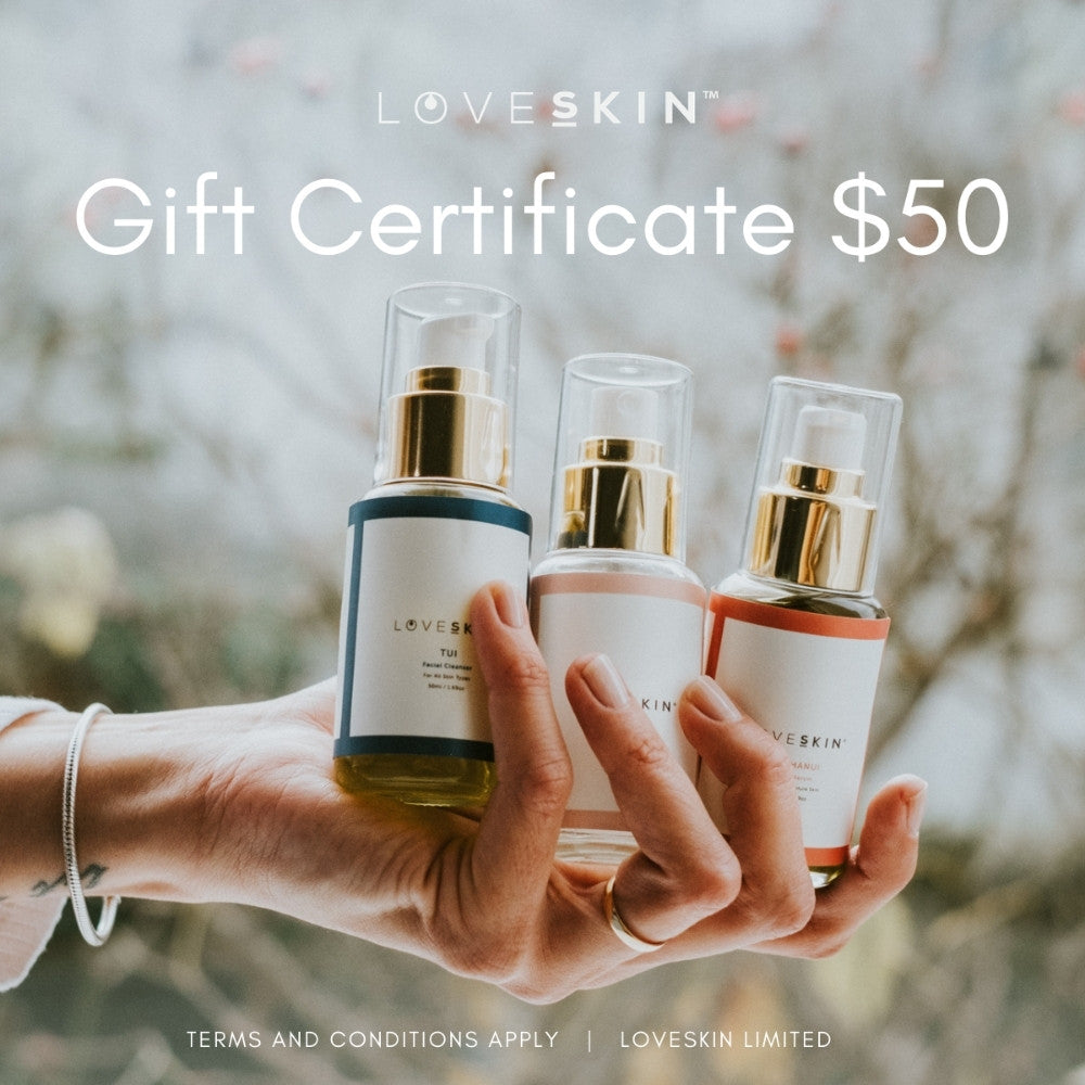 $50 LoveSkin E-Gift Certificate redeemable for natural skincare products online