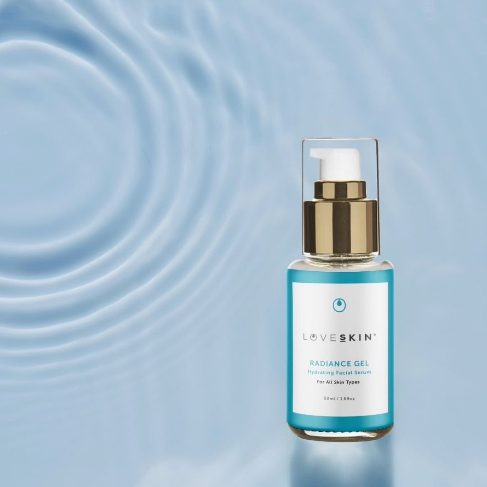 LoveSkin Radiance Gel bottle on a light blue background for hydrating all skin types
