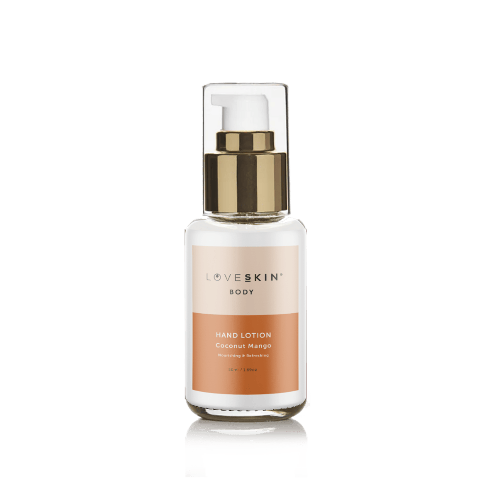 Coconut & Mango Hand Lotion – hydrating, nourishing lotion with tropical mango and coconut fragrance in a glass pump bottle