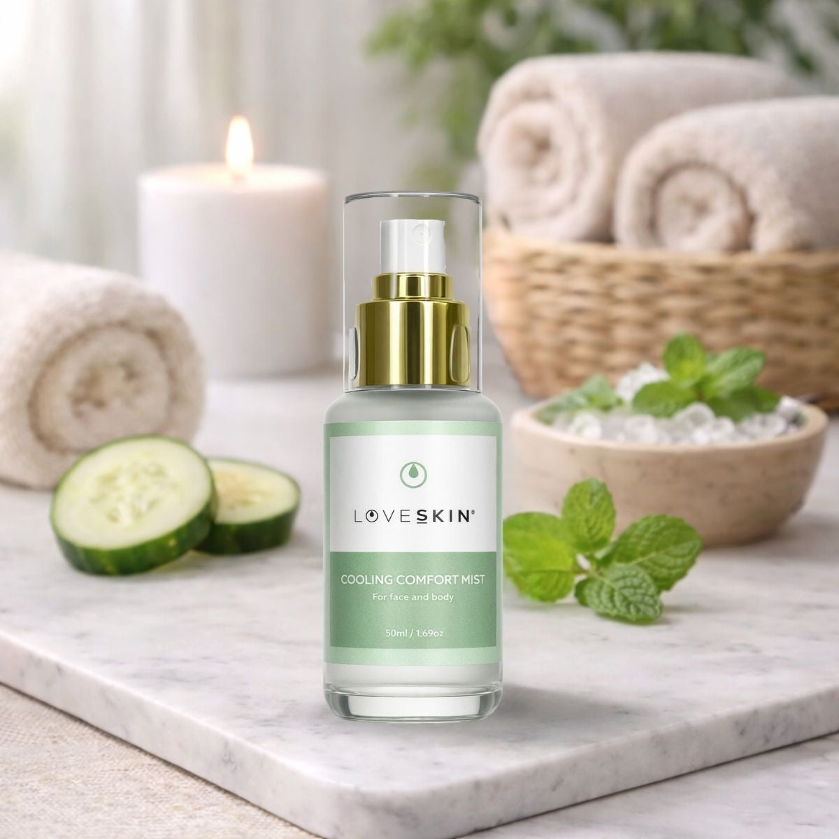 LoveSkin Cooling Comfort Mist displayed on a marble surface with cucumber and mint, styled as a calming spa-inspired skincare lifestyle image.