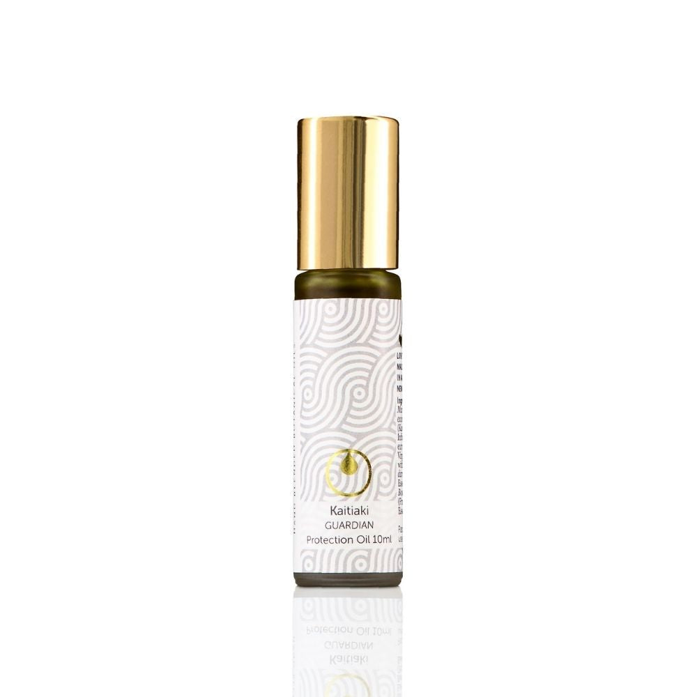 Kaitiaki Guardian Emotional Protection Oil by LOVESKIN – 10ml aromatherapy roll-on blend for emotional balance and protection, in an elegant bottle with gold cap.