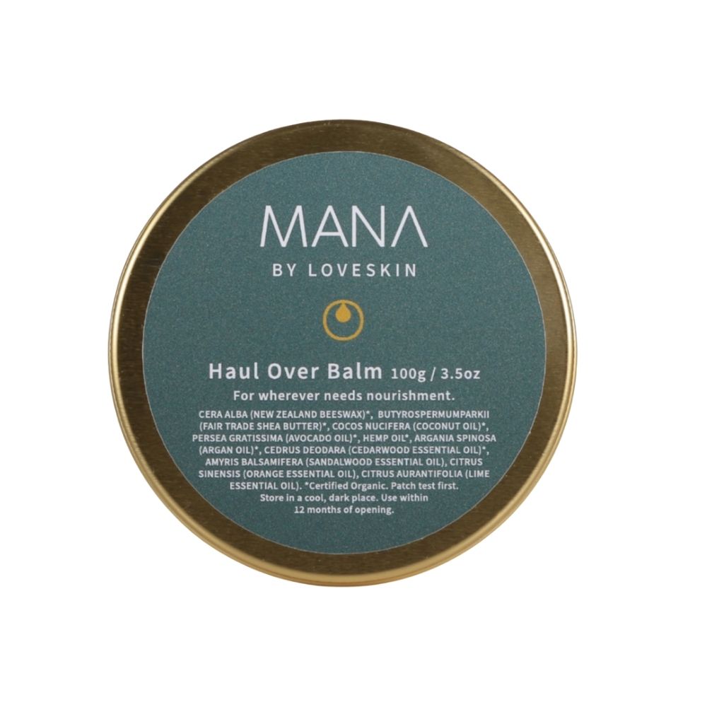 Mana by LOVESKIN's Men Haul Over Balm 100g tin - natural nourishing balm with beeswax, shea butter, coconut oil, and essential oils for dry skin.