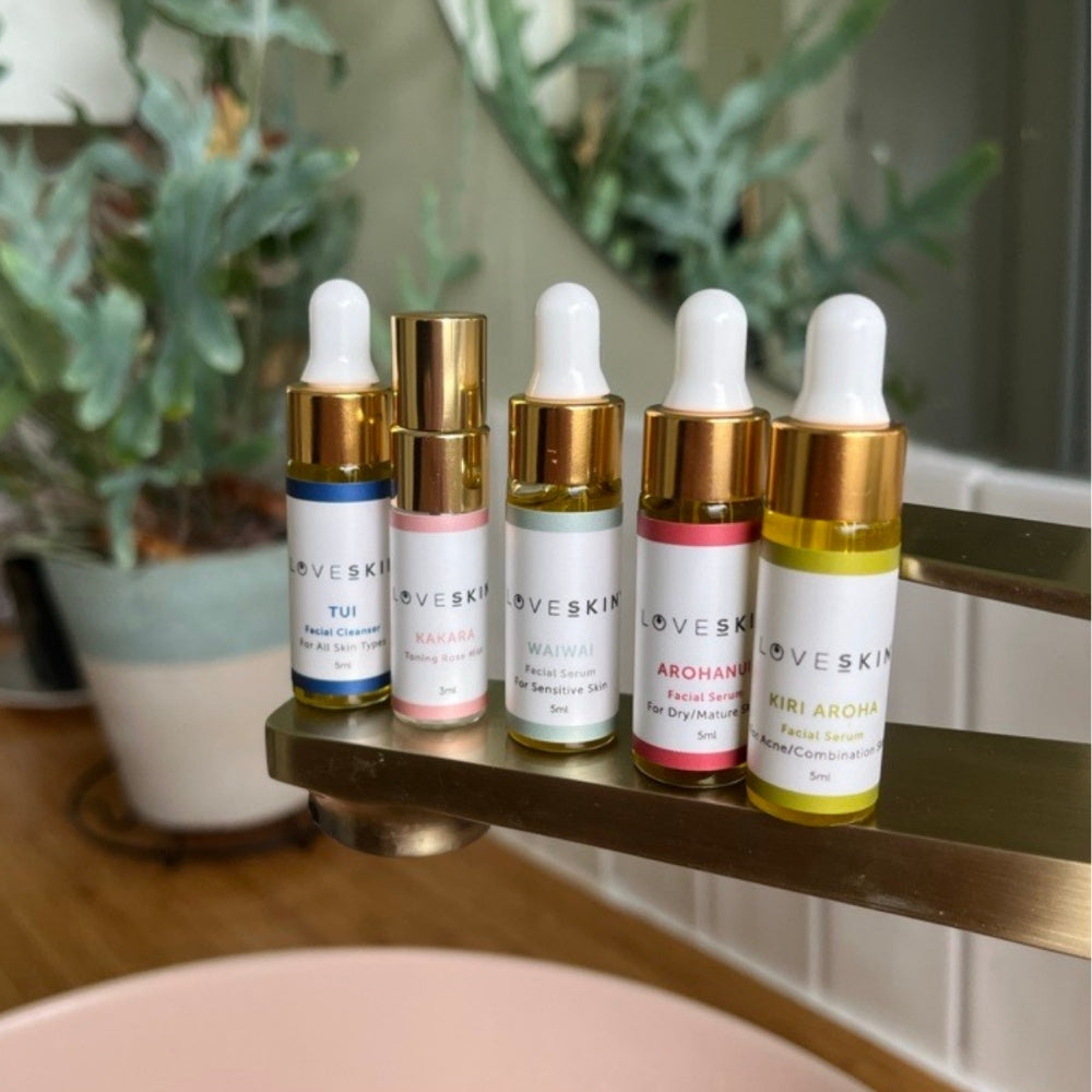 LoveSkin Mini Skincare Ritual Set with 5 bottles in New Zealand bathroom