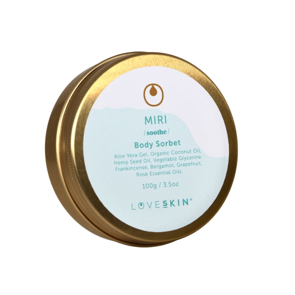 Miri Body Sorbet in a gold tin – natural body moisturiser with aloe vera, hemp seed oil and bergamot,
