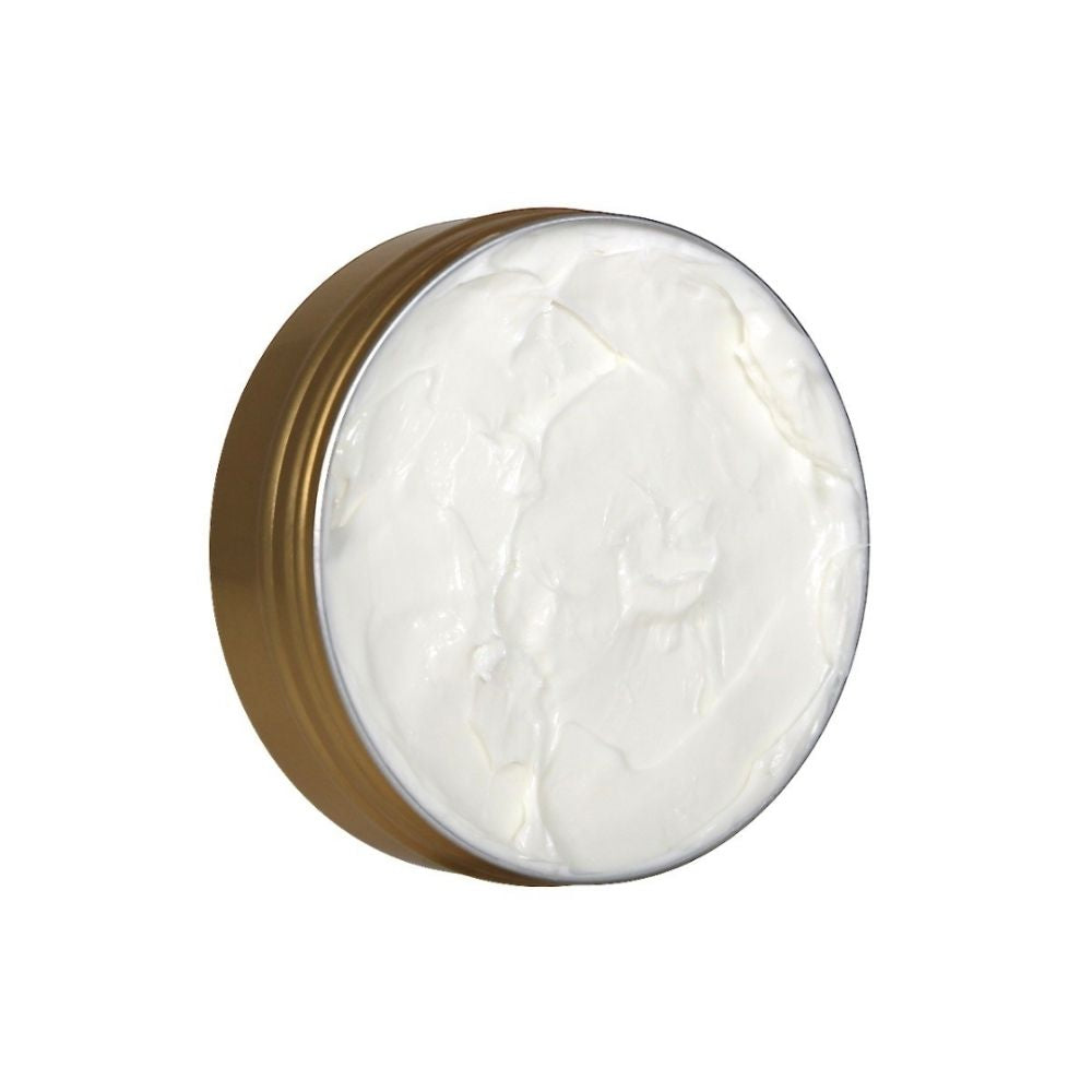 Open tin of Miri Body Sorbet revealing creamy natural formula with aloe vera, hemp seed oil and coconut oil t for soothing hydration