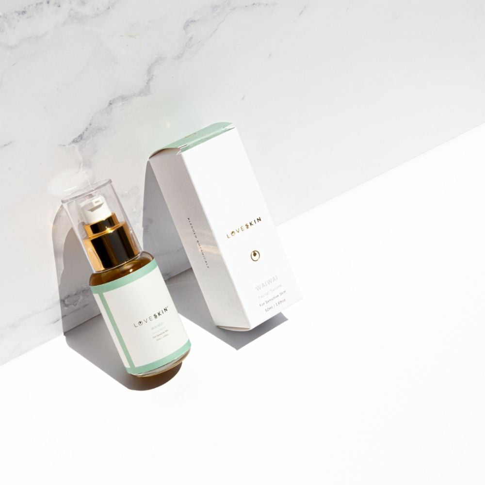 Waiwai natural facial serum for sensitive skin displayed in natural lighting