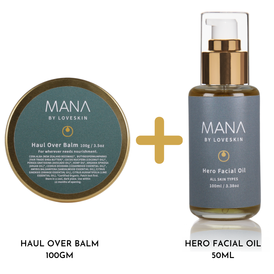 Mana Hero Facial Oil and Haul Over Balm for men’s natural skincare, hydrating and nourishing facial care set (large) from LoveSkin