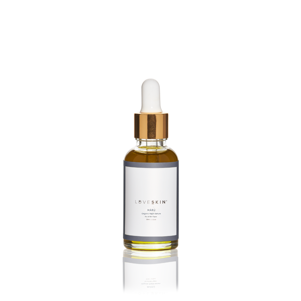 Clear image of a 30ml glass bottle containing LoveSkin Mārū Night Serum, highlighting its sleek and elegant design.