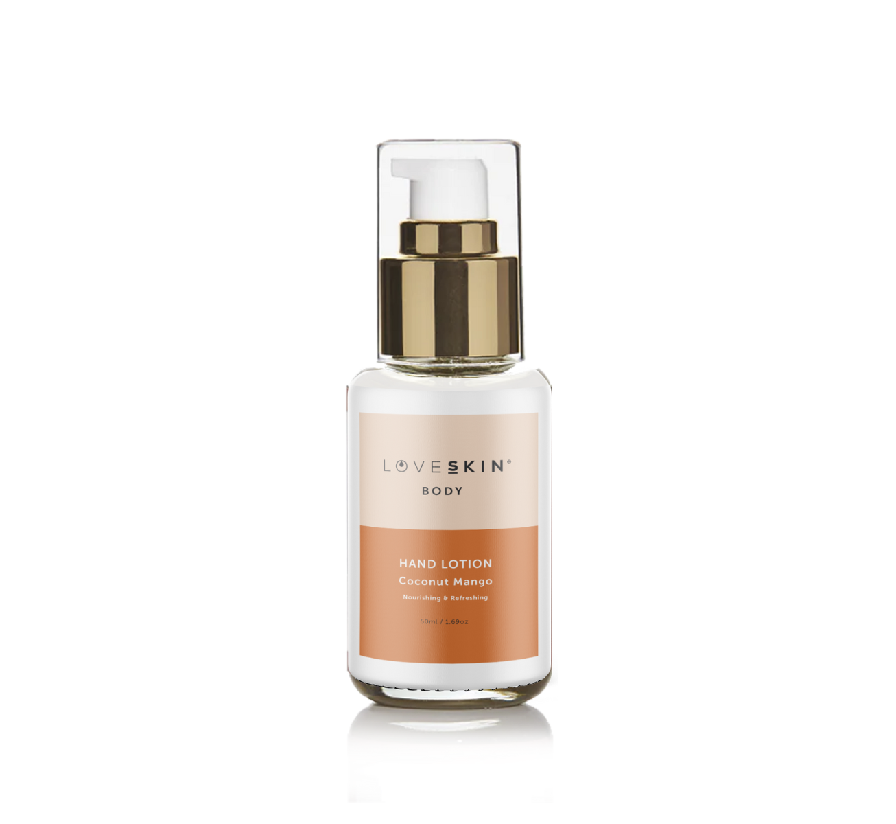 Coconut & Mango Hand Lotion – hydrating, nourishing lotion with tropical mango and coconut fragrance in a glass pump bottle