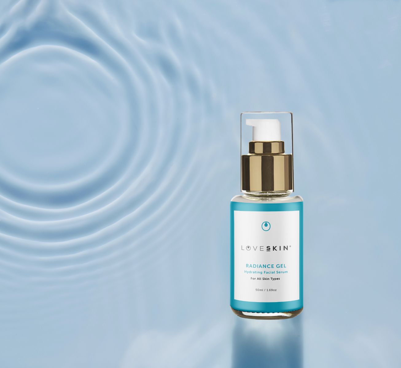 LOVESKIN Radiance Hydrating Gel in a bottle with a refreshing water background. The best moisturiser for all skin types.