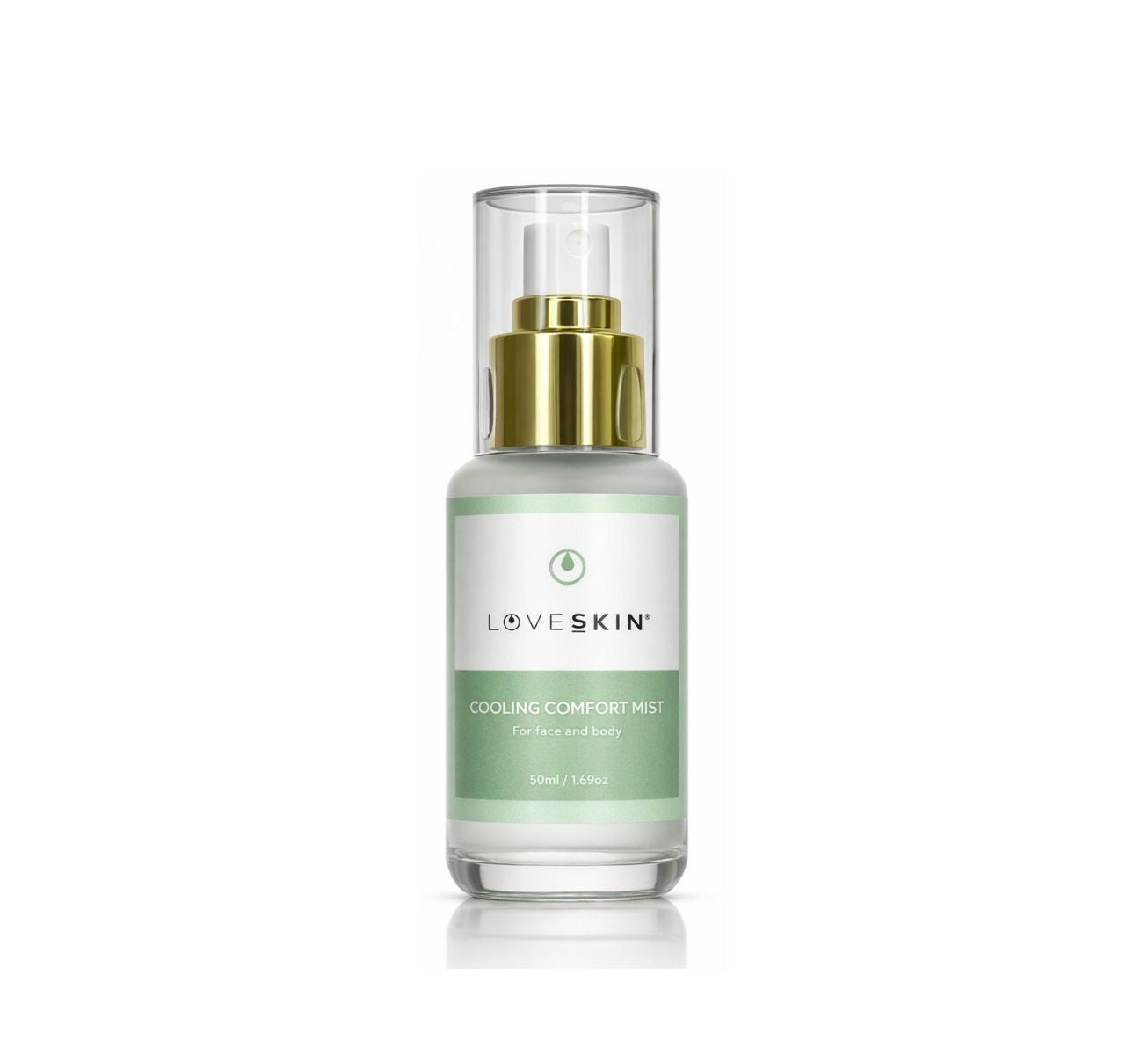 LoveSkin Cooling Comfort Mist in frosted glass spray bottle with green label, gold collar and white pump, botanical face and body cooling mist for hot flushes and menopause support.