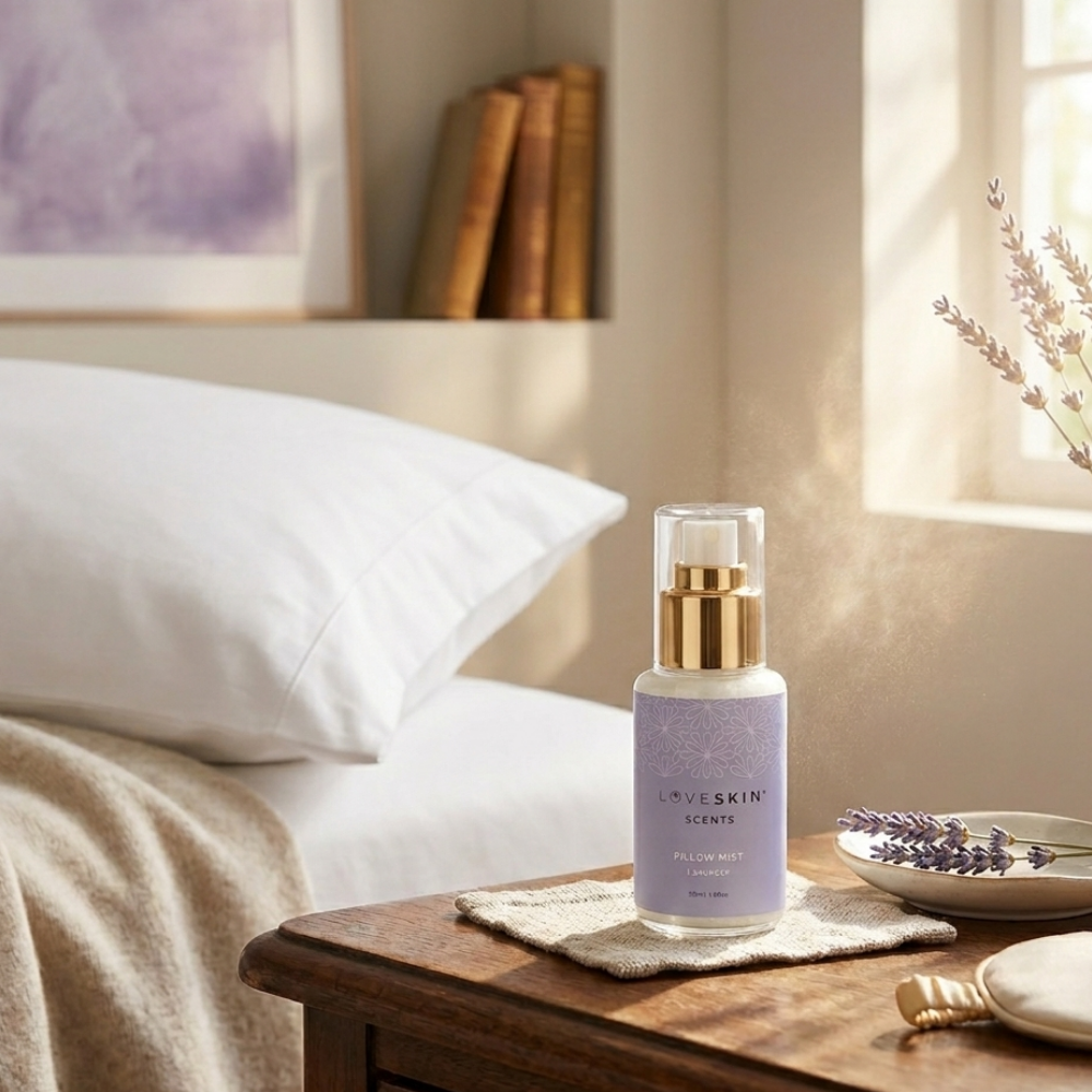 Lavender pillow mist spray on a wooden nightstand in a sunlit, serene bedroom with a white pillow and dried lavender.