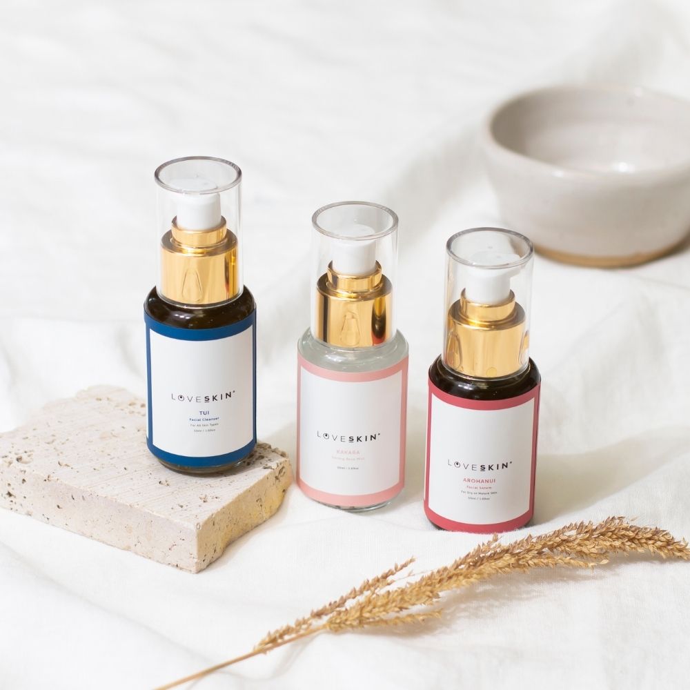LoveSkin Dry/Mature skincare set with cleanser, serum, and mist, perfect for nourishing dry, mature skin