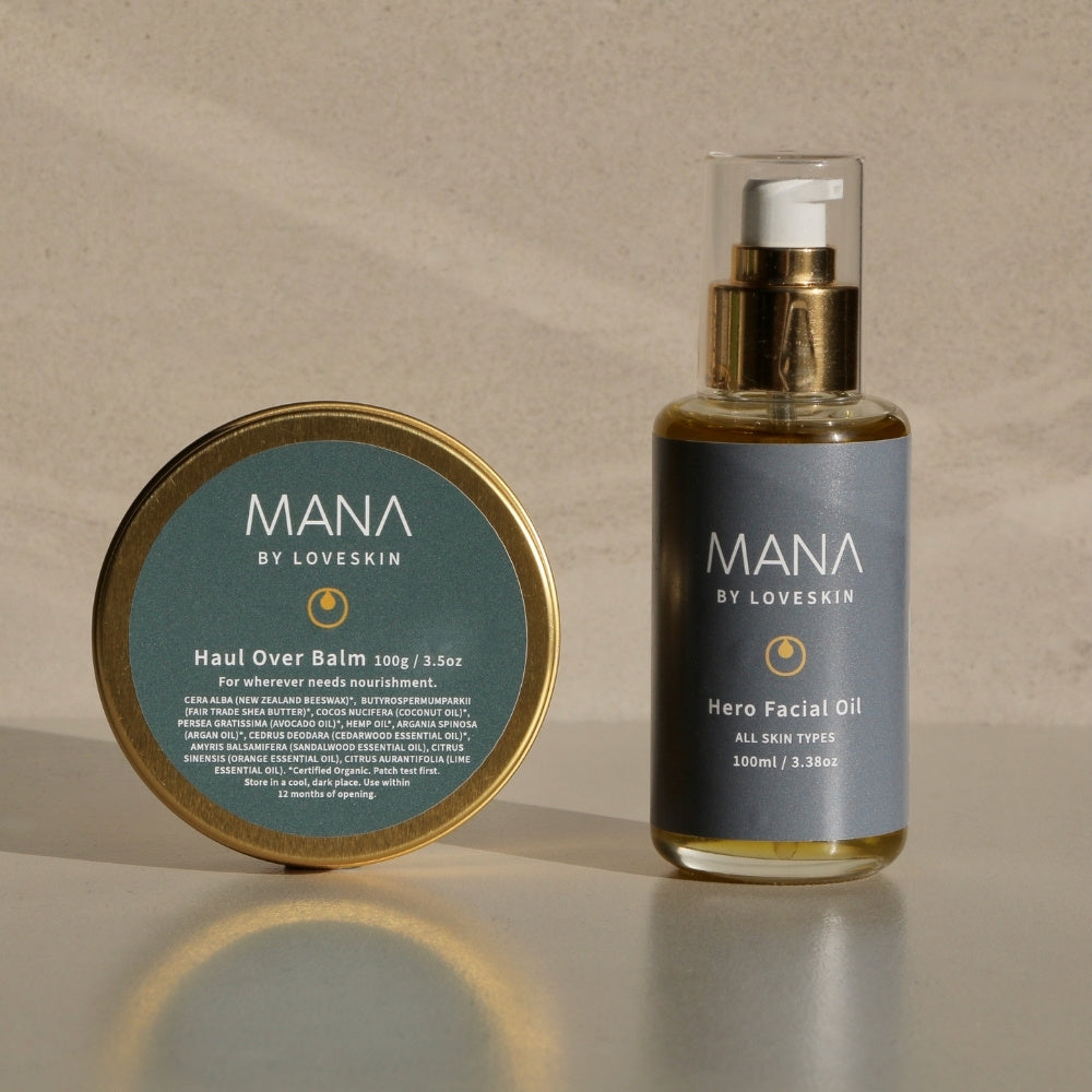 Mana Men’s Gift Set products-Haul Over Balm and Hero Facial Oil brown background