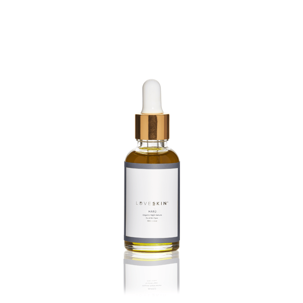 Clear image of a 30ml glass bottle containing LoveSkin Mārū Night Serum, highlighting its sleek and elegant design.