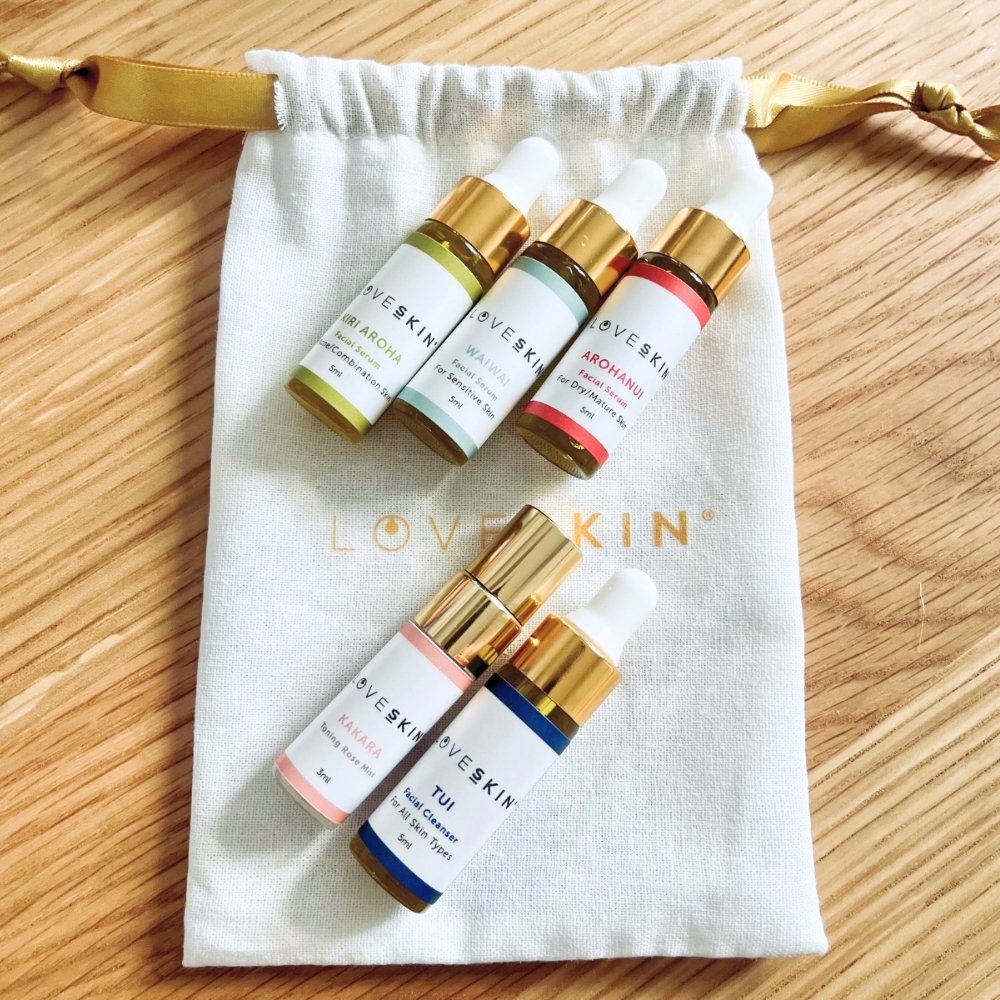 LoveSkin Mini Skincare Ritual Set with 5 bottles and linen bag
