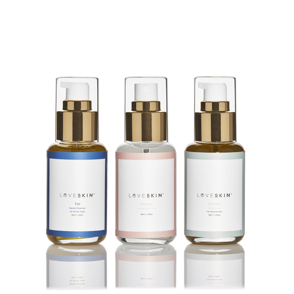 LoveSkin Sensitive Skincare ritual 3 products on clear cut background